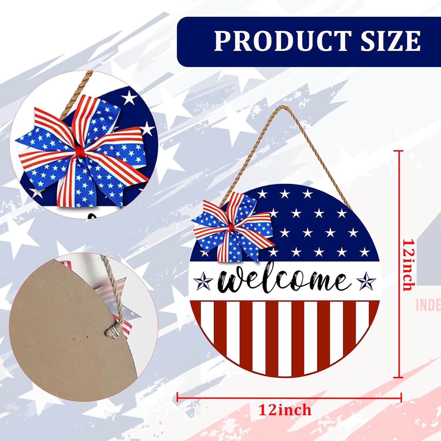 Patriotic Door Sign and Wreath for Memorial Day Independence Day 12-Inch